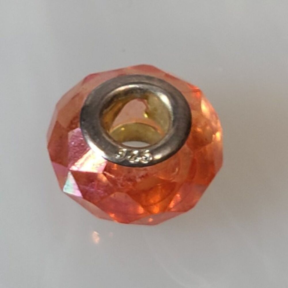 925 Sterling Silver Orange Faceted Bead Charm Fits European Style Bracelet